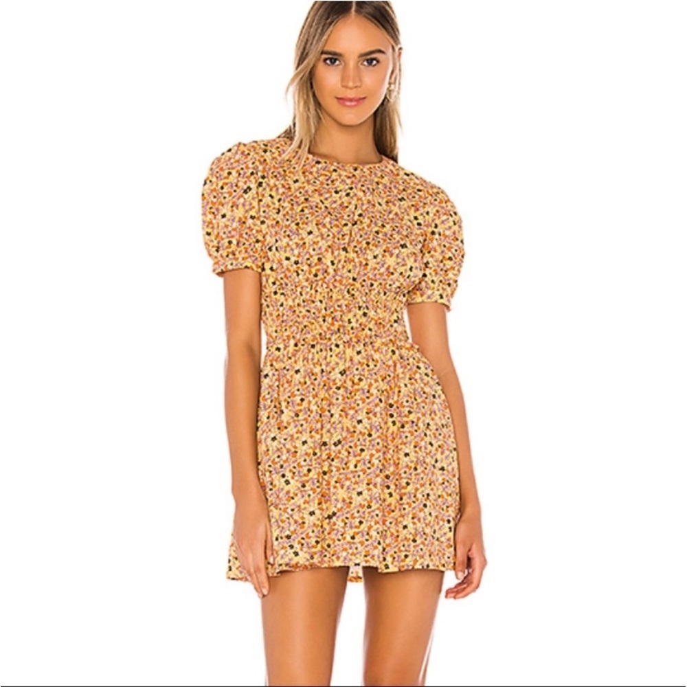 Free People Pennie Cinched Waist Floral Mini Dress in Yellow Gold Honey Comb XS - Picture 3 of 11